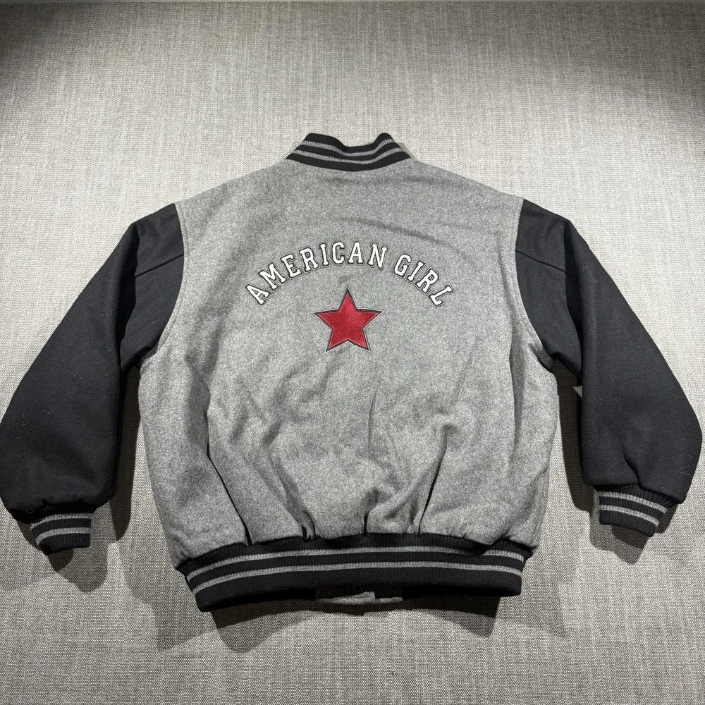American‎ Girl Jacket Girls L Gray Black Varsity Letterman Snap Front Star Logo